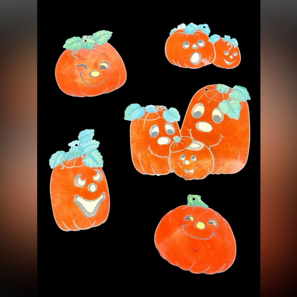 5 Vintage Flocked -Two Sided- Jack-o’-lantern/Pumpkin Die Cut Decorations